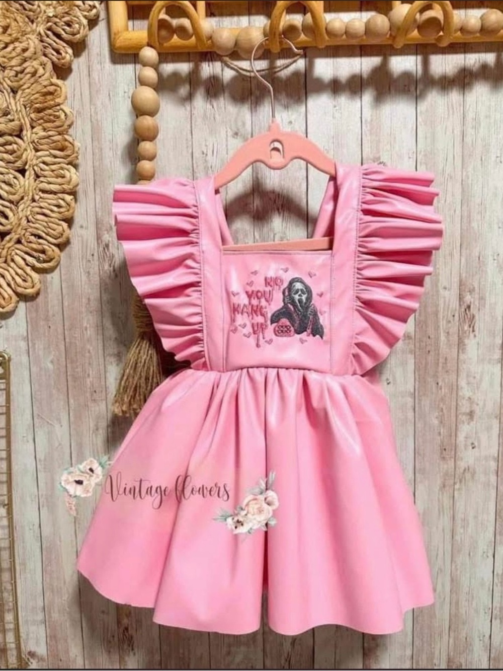 Girls size 2T Boutique Custom made Embroidered Ghost Face Dress Pink Pleather
